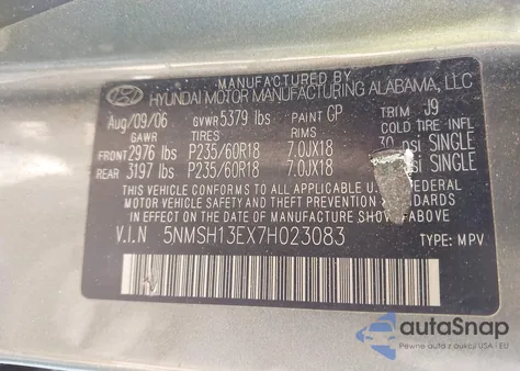 2007 Hyundai Santa Fe Limited/Se из США, поврежденный, VIN 5NMSH13EX7H023083